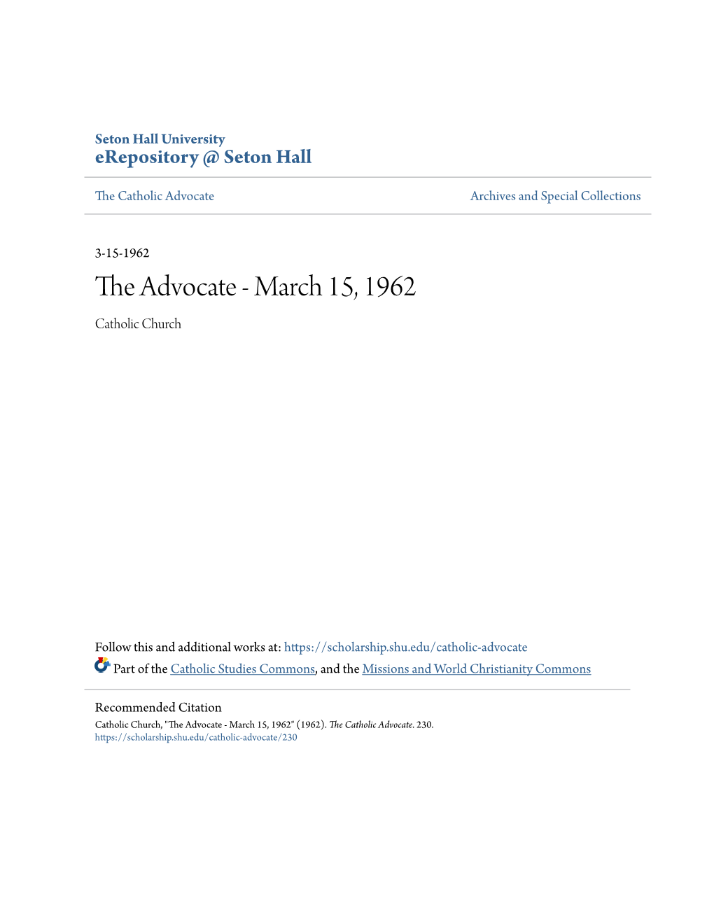 The Advocate - March 15, 1962 Catholic Church