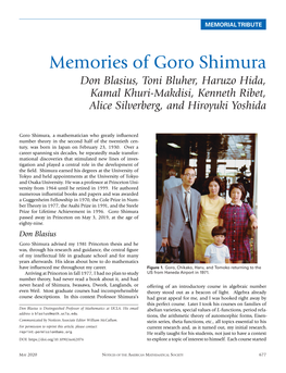 Memories of Goro Shimura Don Blasius, Toni Bluher, Haruzo Hida, Kamal Khuri-Makdisi, Kenneth Ribet, Alice Silverberg, and Hiroyuki Yoshida