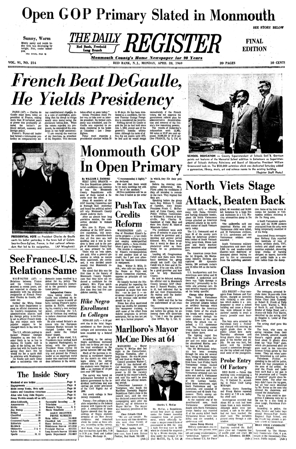 French Beat Degaulle, He Yields Presidency PARIS (AP) - Charles De Nor Constitutional Changes In- Takes Effect at Noon Today." to 35 Days