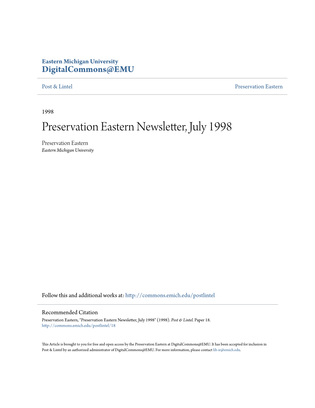 Preservation Eastern Newsletter, July 1998 Preservation Eastern Eastern Michigan University