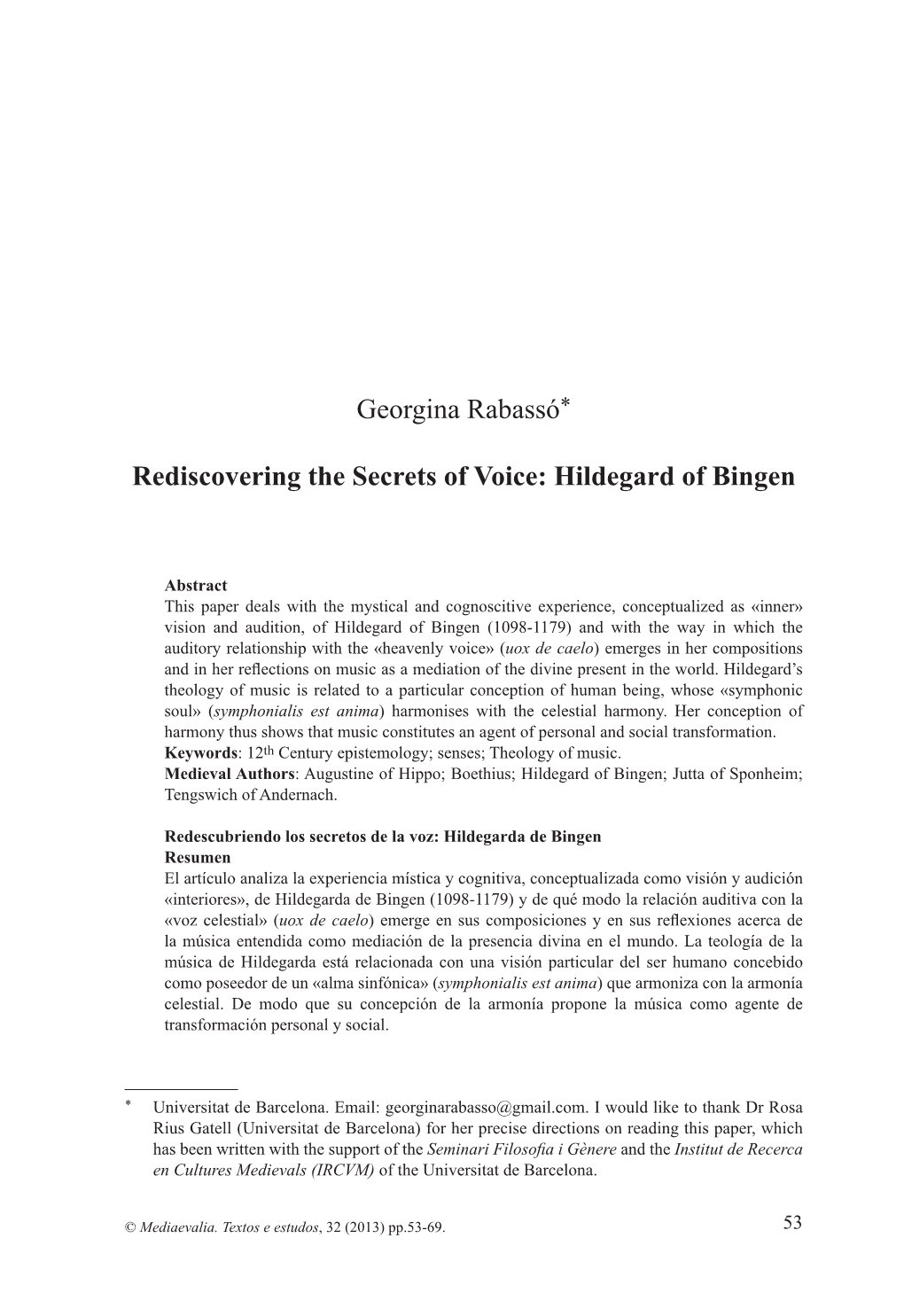 Georgina Rabassó* Rediscovering the Secrets of Voice: Hildegard Of