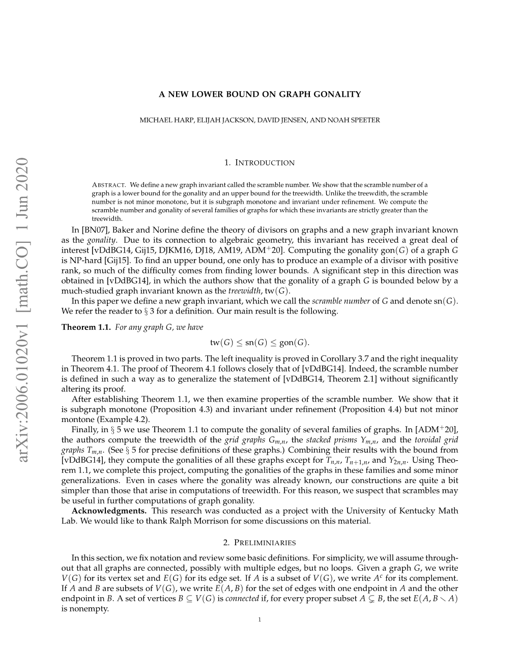 Arxiv:2006.01020V1 [Math.CO] 1 Jun 2020 V Snonempty