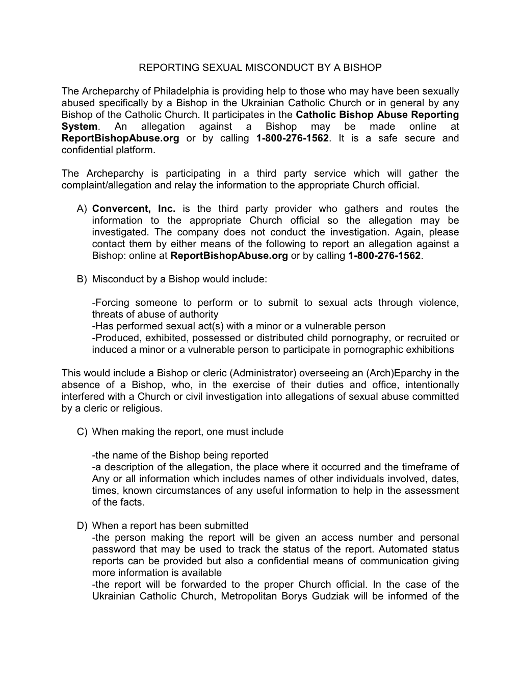 REPORTING SEXUAL MISCONDUCT by a BISHOP the Archeparchy of Philadelphia Is Providing Help to Those Who May Have Been Sexually Ab
