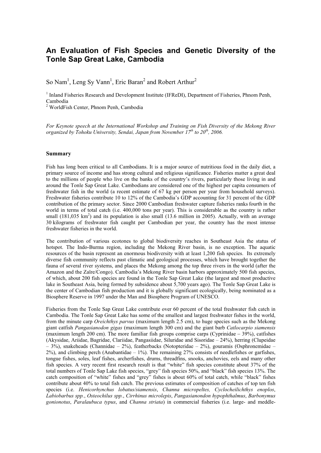 Evaluation of Fish Species and Genetic Diversity of the Tonle Sap Great Lake, Cambodia