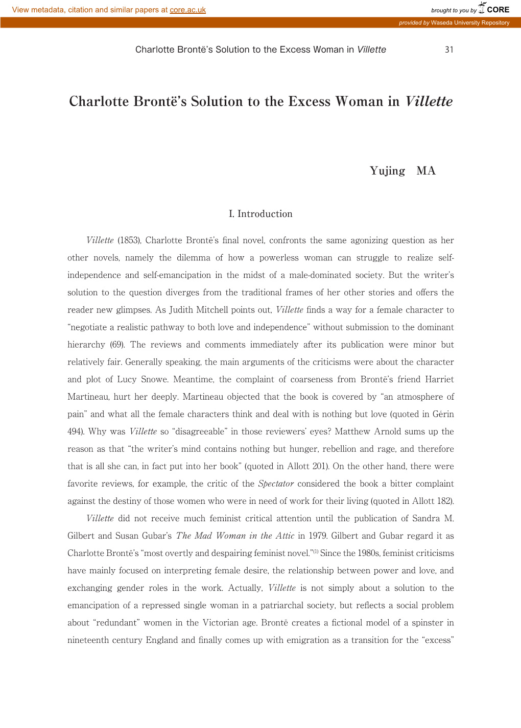 Charlotte Brontë's Solution to the Excess Woman in Villette