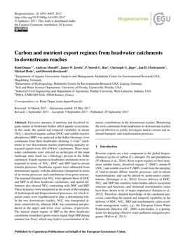 Carbon and Nutrient Export Regimes from Headwater Catchments to Downstream Reaches