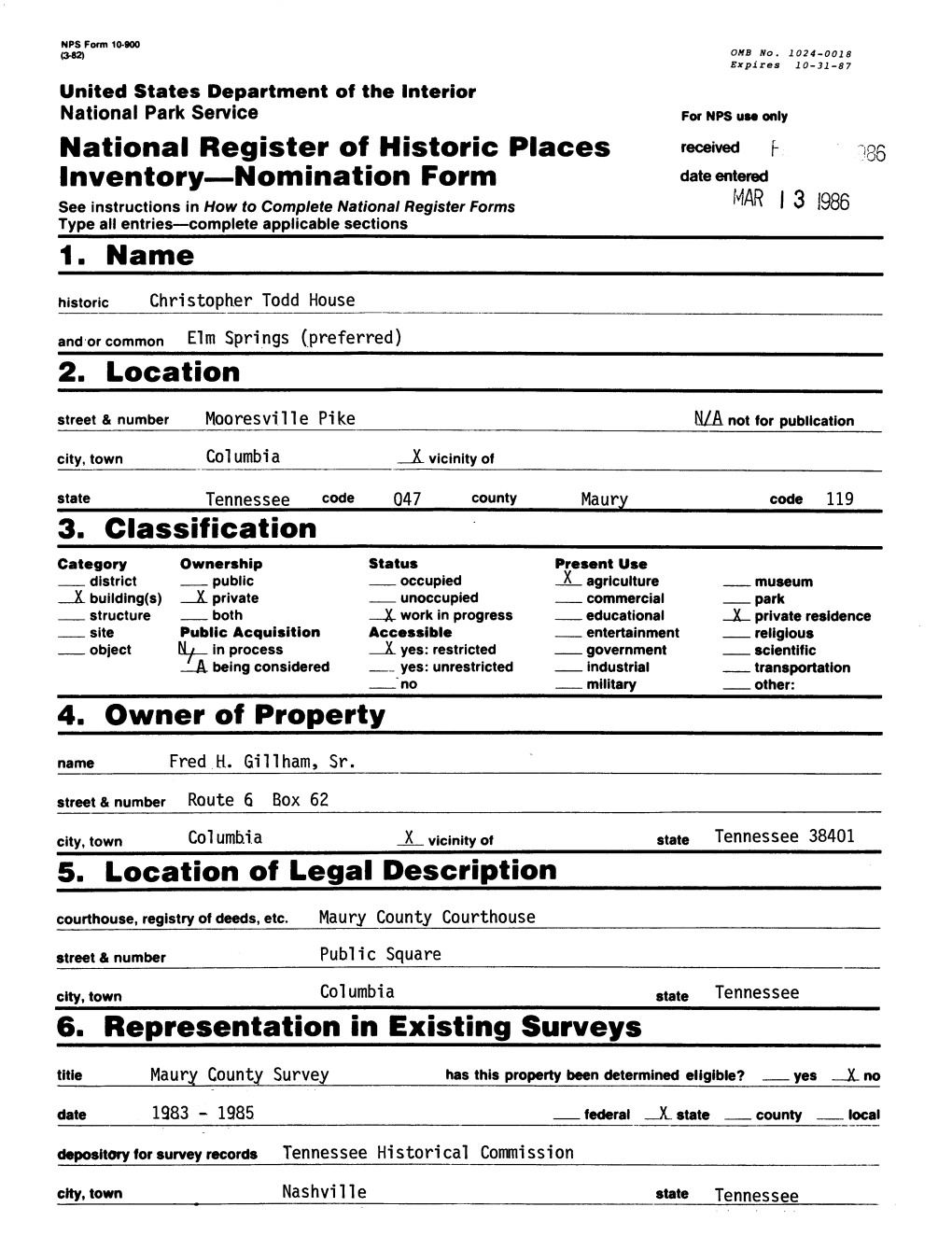 6. Representation in Existing Surveys Title Maury County Survey Has This Property Been Determined Eligible? Yes X