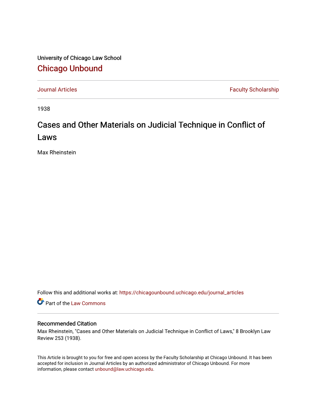 Cases and Other Materials on Judicial Technique in Conflict of Laws