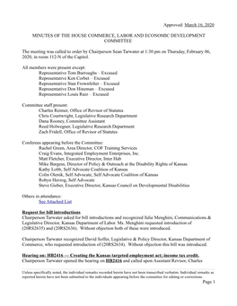 Approved: March 16, 2020 MINUTES of the HOUSE COMMERCE, LABOR and ECONOMIC DEVELOPMENT COMMITTEE the Meeting Was Called to Order