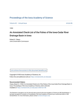 An Annotated Check-List of the Fishes of the Iowa-Cedar River Drainage Basin in Iowa