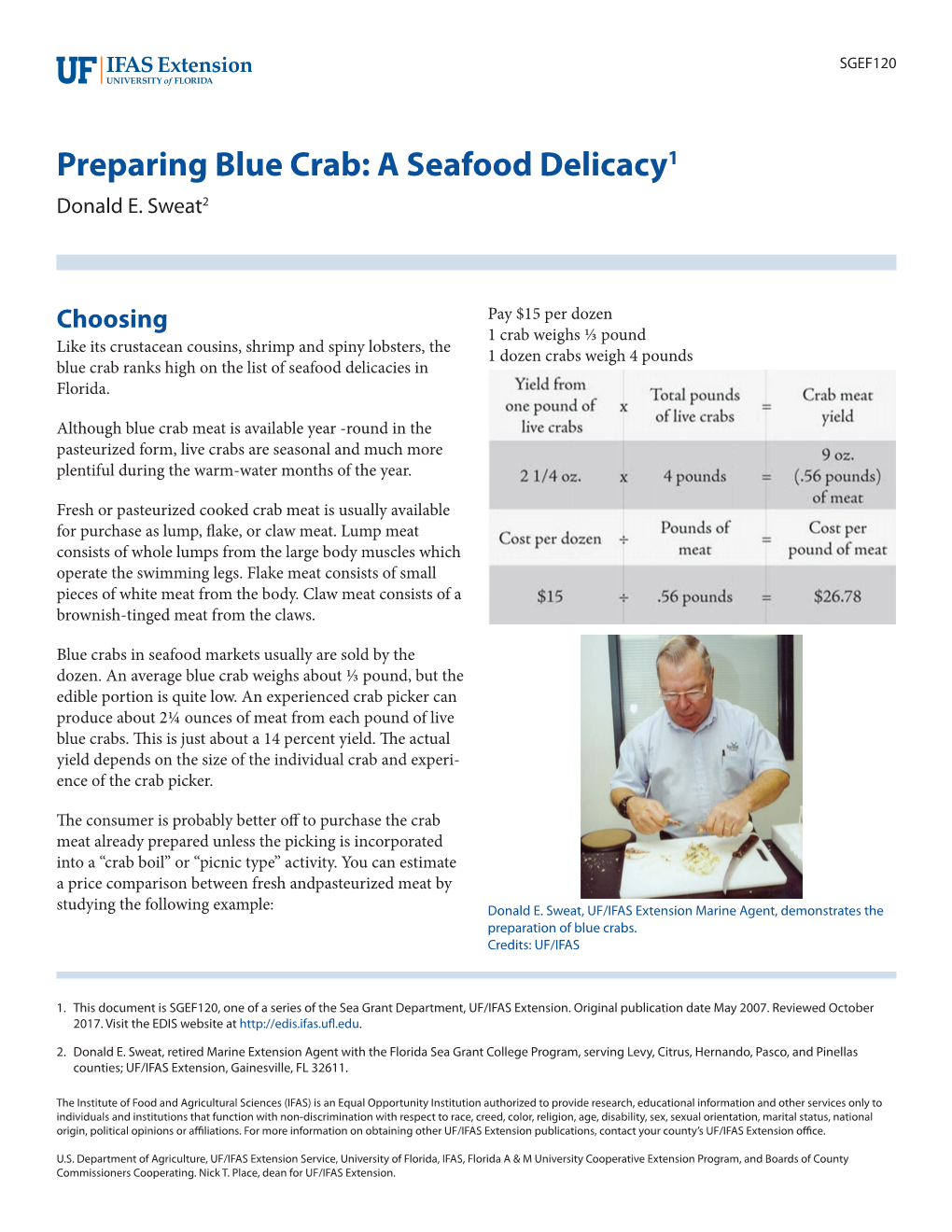 Preparing Blue Crab: a Seafood Delicacy1 Donald E