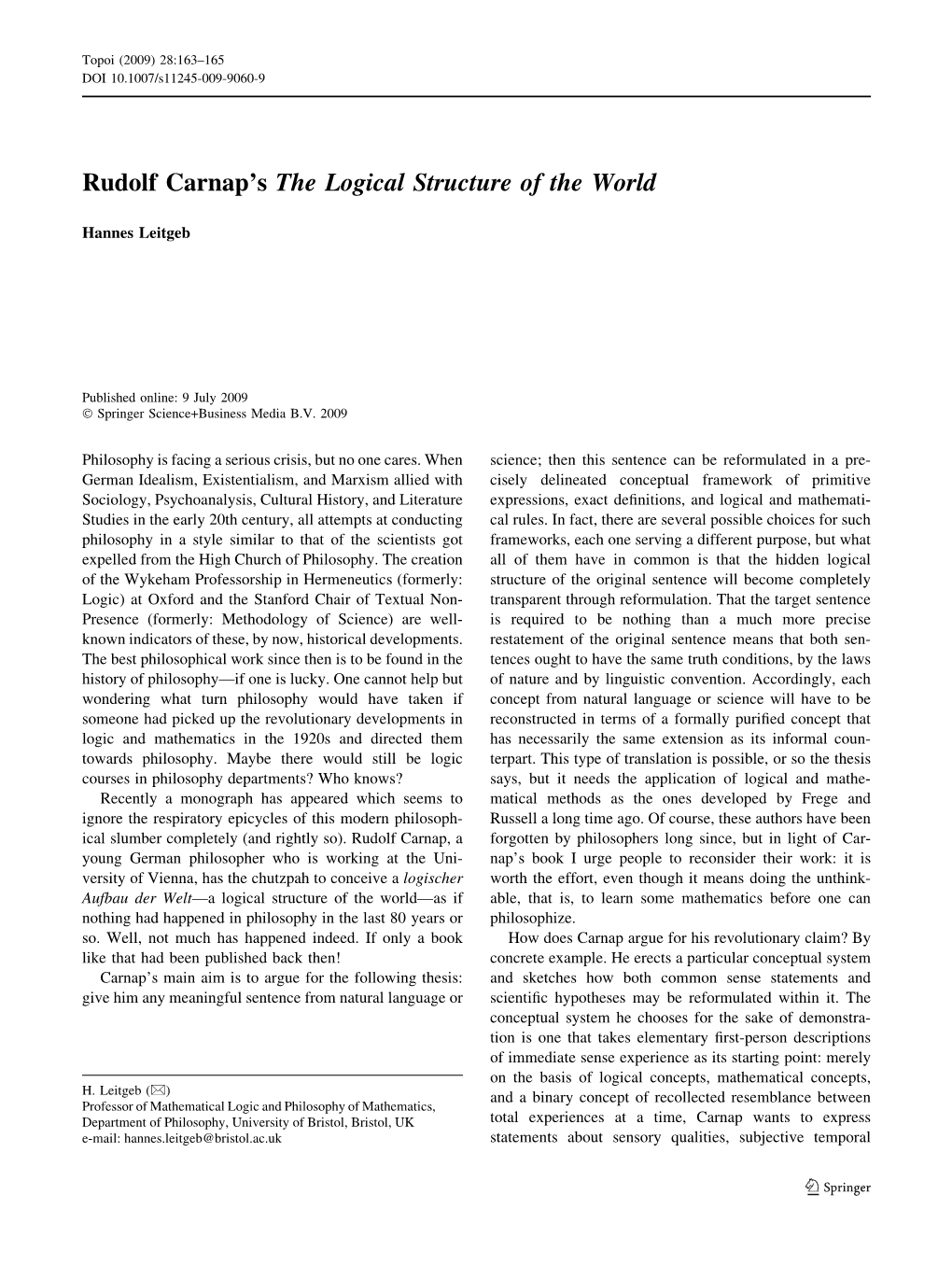 Rudolf Carnap's the Logical Structure of the World