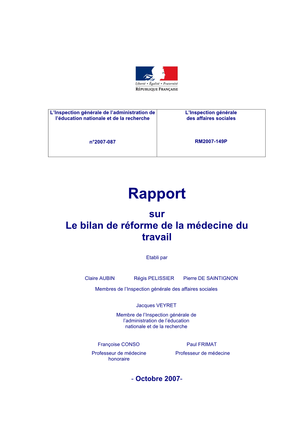Rapport Sur Le Bilan De La Réforme De La Médecine Du Travail