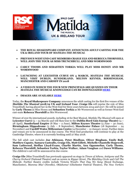 The Royal Shakespeare Company Announces Adult Casting for the Uk & Ireland Tour of Matilda the Musical • Previous West