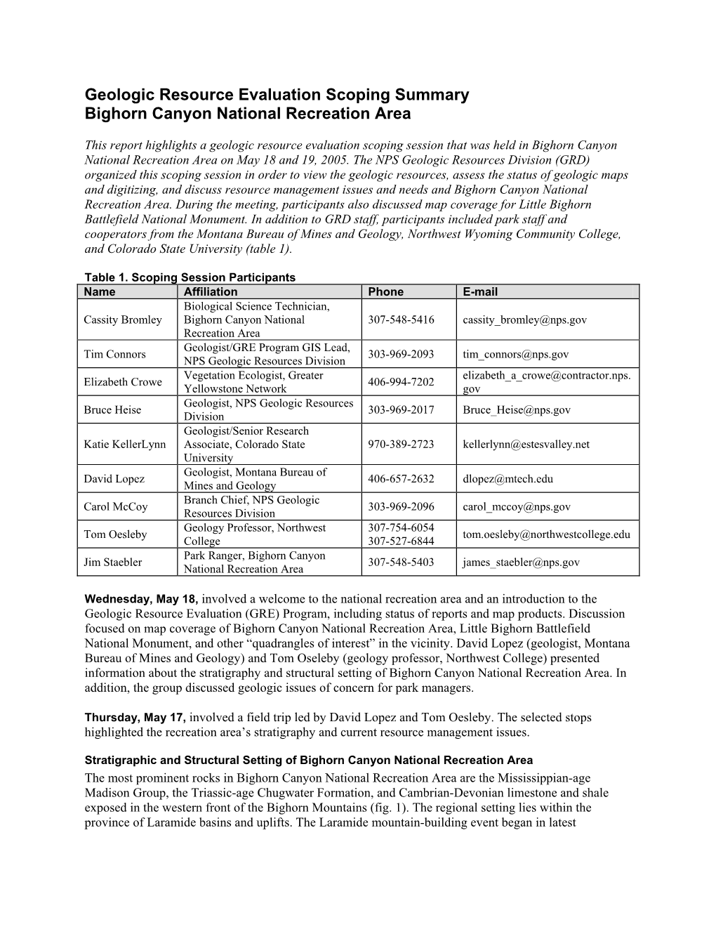 Bighorn Canyon National Recreation Area Geologic Resource Evaluation