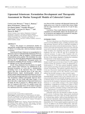 Liposomal Irinotecan: Formulation Development and Therapeutic Assessment in Murine Xenograft Models of Colorectal Cancer
