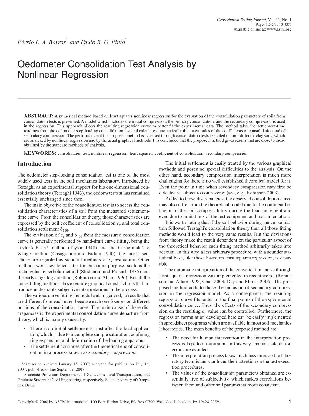 Oedometer Consolidation Test Analysis by Nonlinear Regression