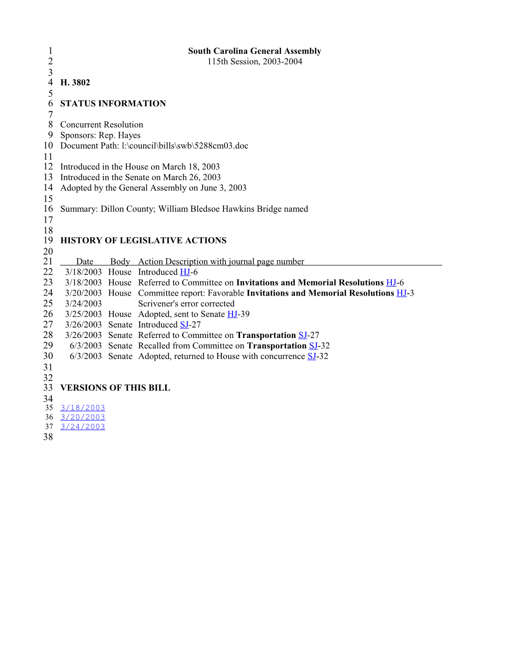 2003-2004 Bill 3802: Dillon County; William Bledsoe Hawkins Bridge Named - South Carolina