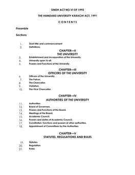SINDH ACT NO.VI of 1992 the HAMDARD UNIVERSITY KARACHI ACT, 1991 CONTENTS Preamble Sections