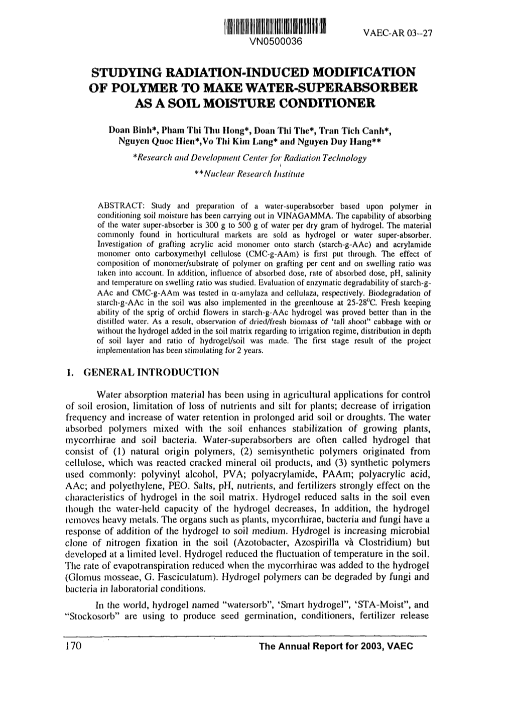 Studying Radiation-Induced Modification of Polymer to Make Water-Superabsorber As a Soil Moisture Conditioner