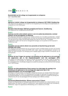 Besluitenlijst Van Het College Van Burgemeester En Schepenen Van 7 December 2020 ______Punt 1 Agenda En Notulen College Van Burgemeester En Schepenen 30/11/2020