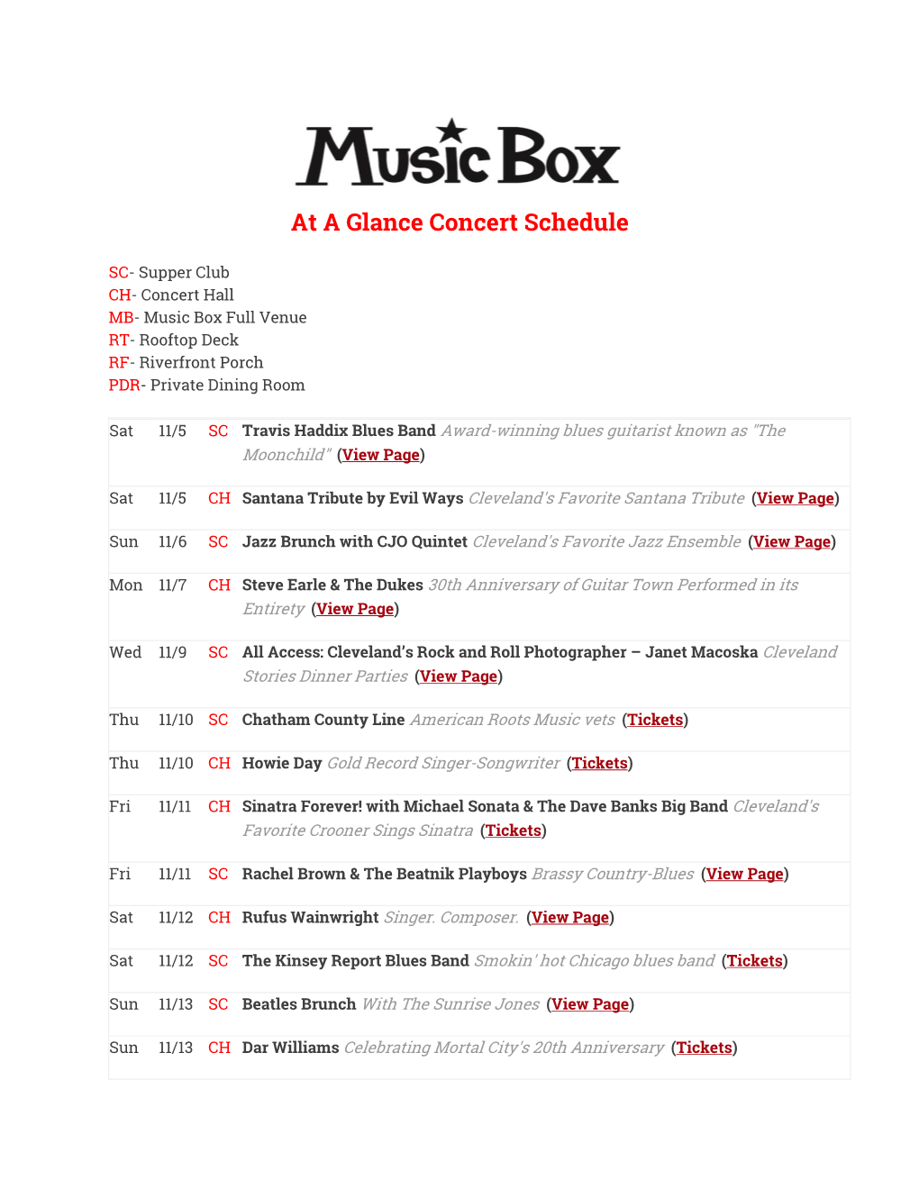 At a Glance Concert Schedule