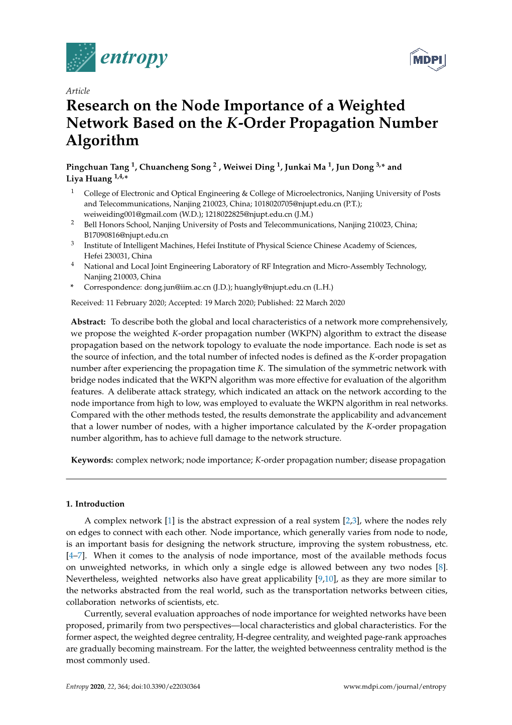 Research on the Node Importance of a Weighted Network Based on the K-Order Propagation Number Algorithm