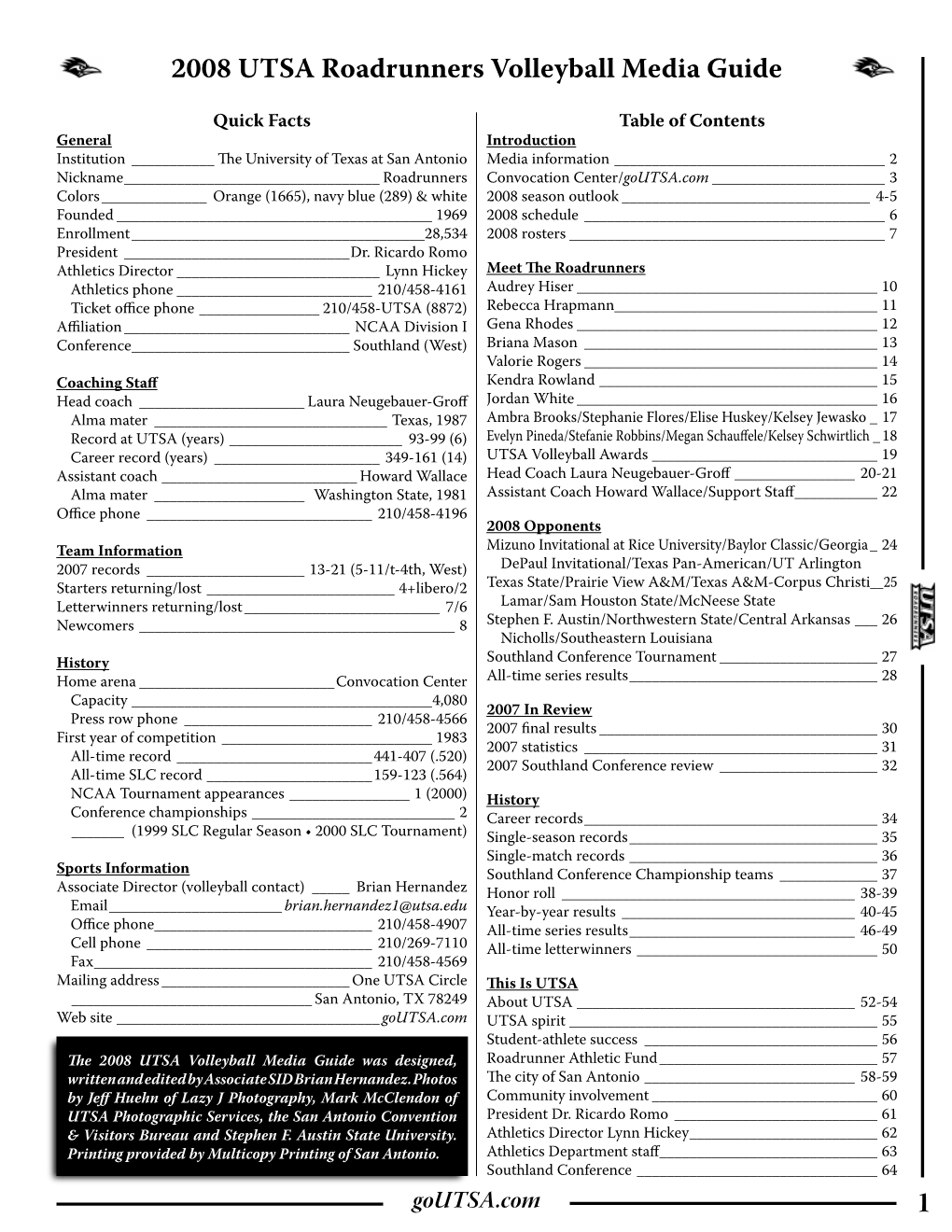 2008 UTSA Roadrunners Volleyball Media Guide