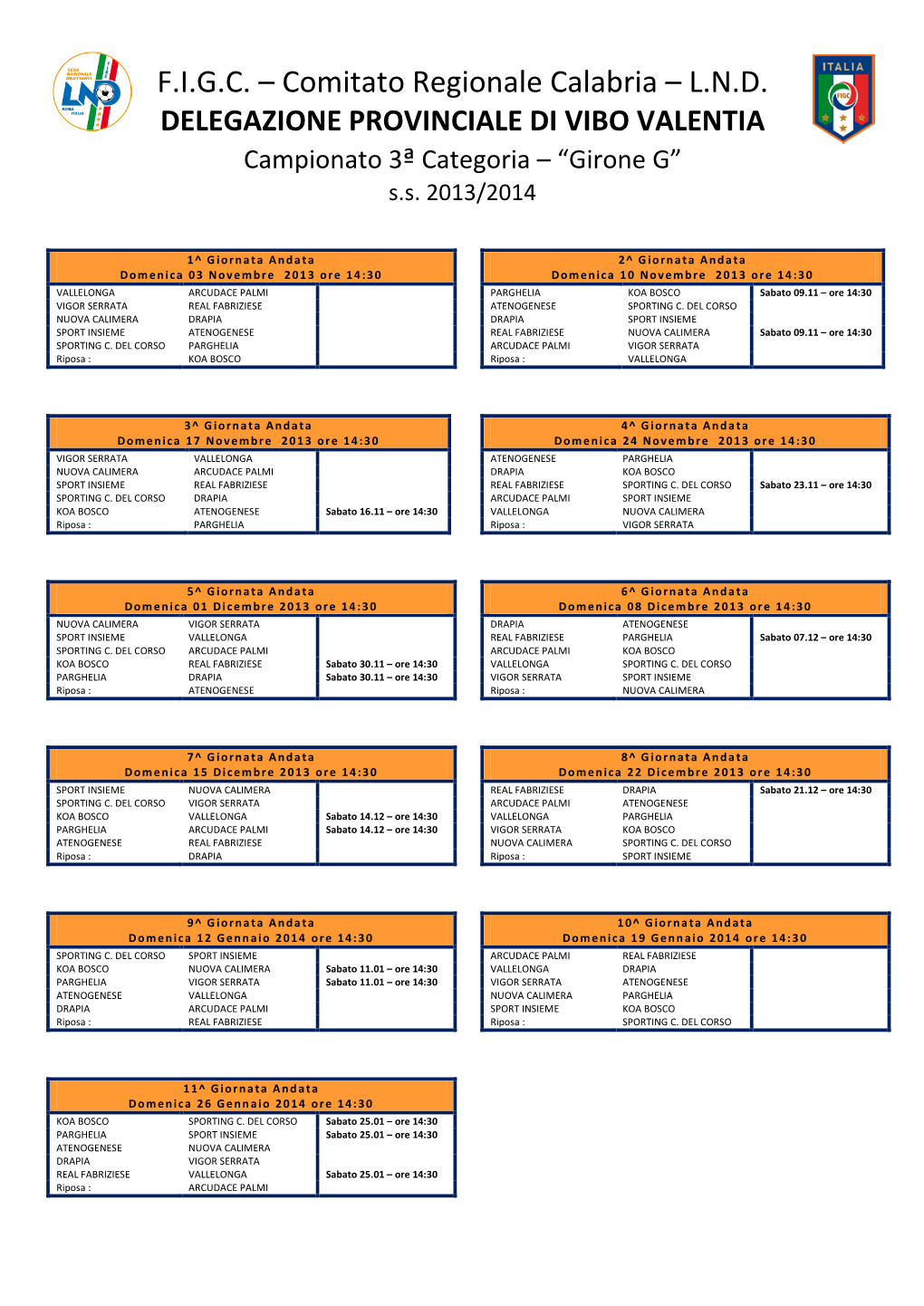 Calendario Terza Categoria Calabria 2013-2014 GIRONE G