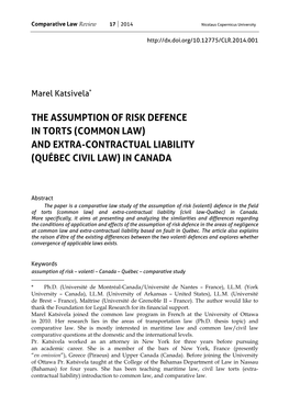 The Assumption of Risk Defence in Torts (Common Law) and Extra-Contractual Liability (Québec Civil Law) in Canada