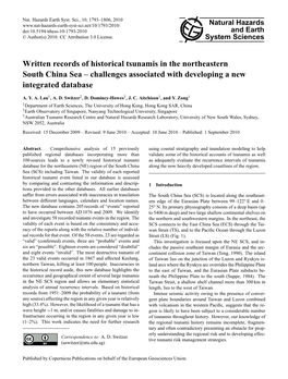 Written Records of Historical Tsunamis in the Northeastern South China Sea – Challenges Associated with Developing a New Integrated Database