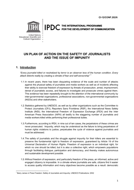 Un Plan of Action on the Safety of Journalists and the Issue of Impunity