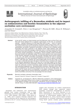 Anthropogenic Infilling of a Bermudian Sinkhole and Its Impact on Sedimentation and Benthic Foraminifera in the Adjacent Anchialine Cave Environment Jacquelyn N