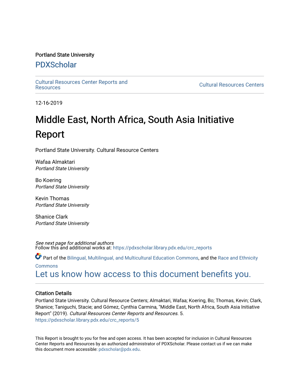 Middle East, North Africa, South Asia Initiative Report