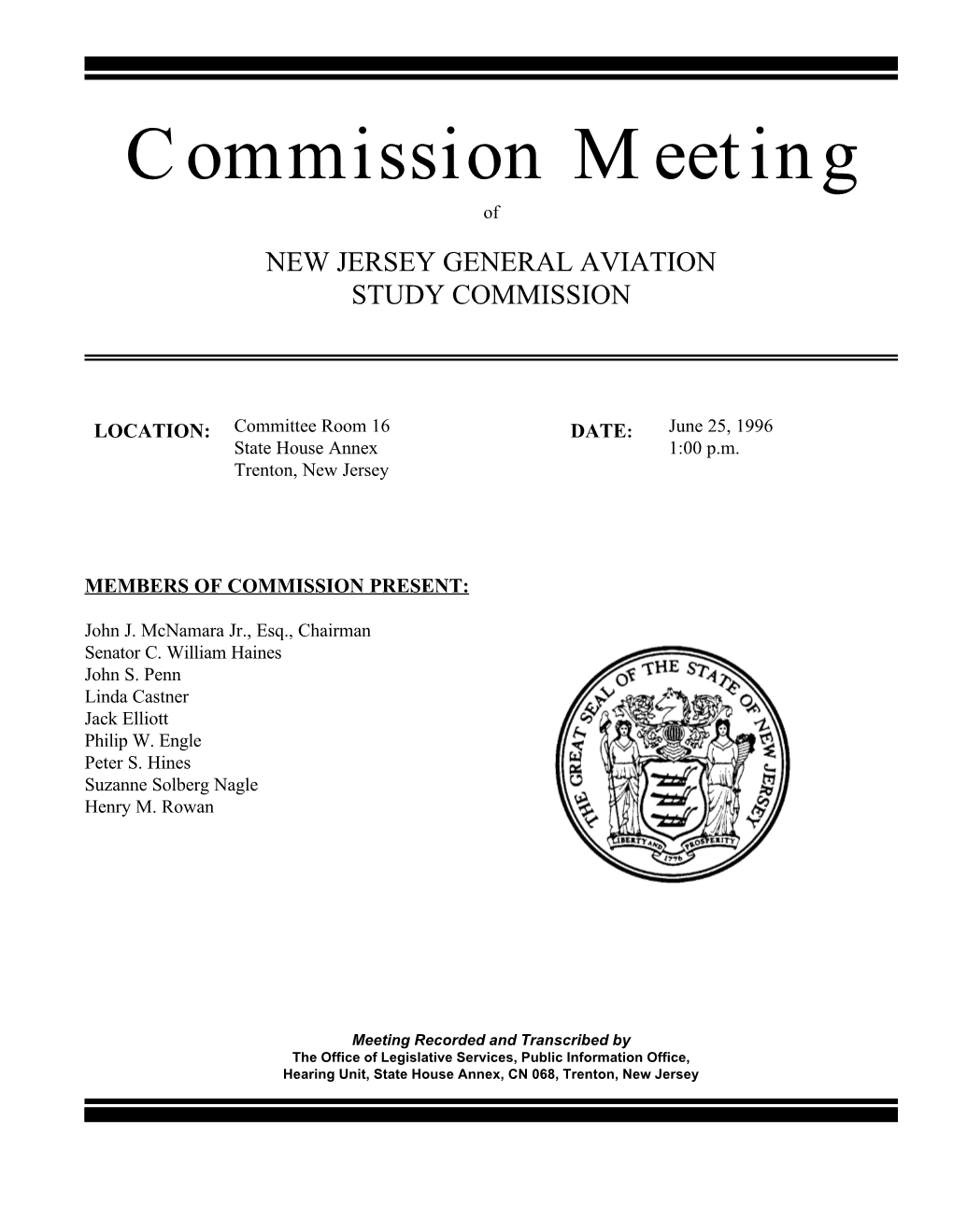 Commission Meeting of NEW JERSEY GENERAL AVIATION STUDY COMMISSION