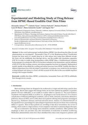 Experimental and Modeling Study of Drug Release from HPMC-Based Erodible Oral Thin Films