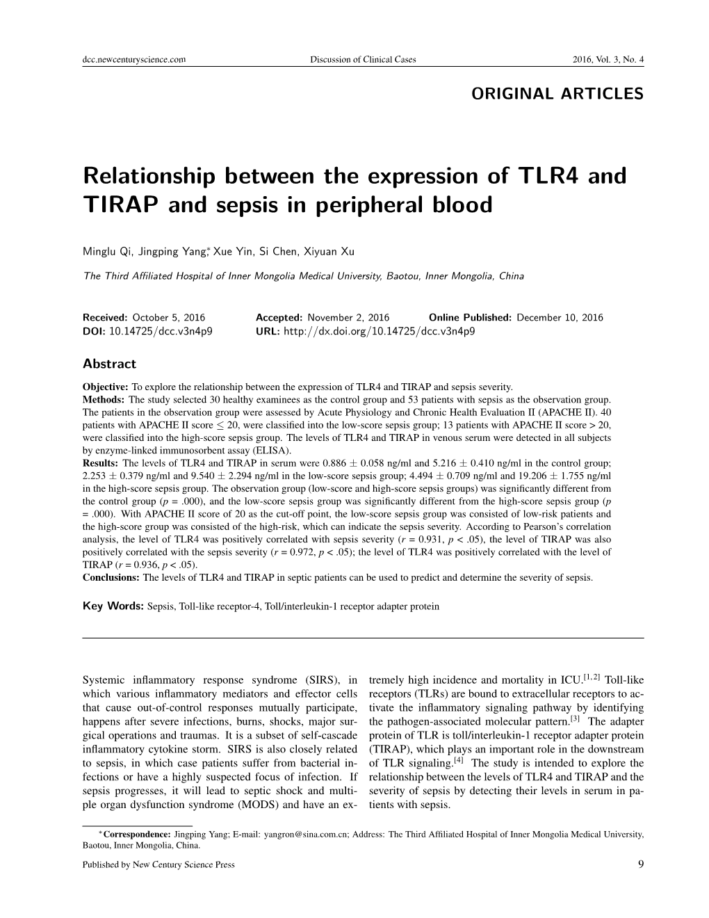 Relationship Between the Expression of TLR4 and TIRAP and Sepsis in Peripheral Blood