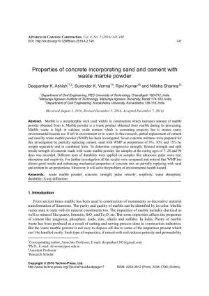 Properties of Concrete Incorporating Sand and Cement with Waste Marble Powder