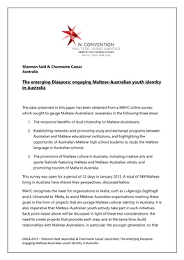 The Emerging Diaspora: Engaging Maltese-Australian Youth Identity in Australia