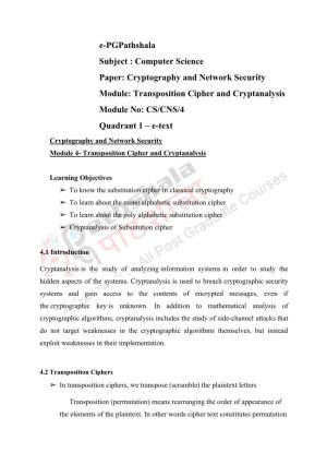 Cryptography and Network Security Module: Transposition Cipher And