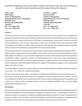 The Mobile Telephone Cluster in the Nordic Countries: Policies to Foster Innovation and Success Through Provider Competition and Knowledge Alliance Development