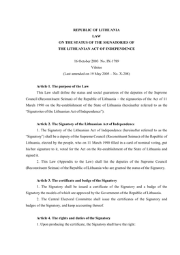Republic of Lithuania Law on the Status of the Signatories of the Lithuanian Act of Independence