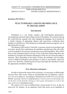 Text Typology and Its Significance in Translation
