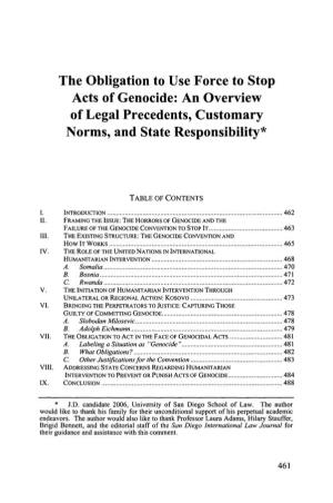 Obligation to Use Force to Stop Acts of Genocide: an Overview of Legal Precedents, Customary Norms, and State Responsibility*