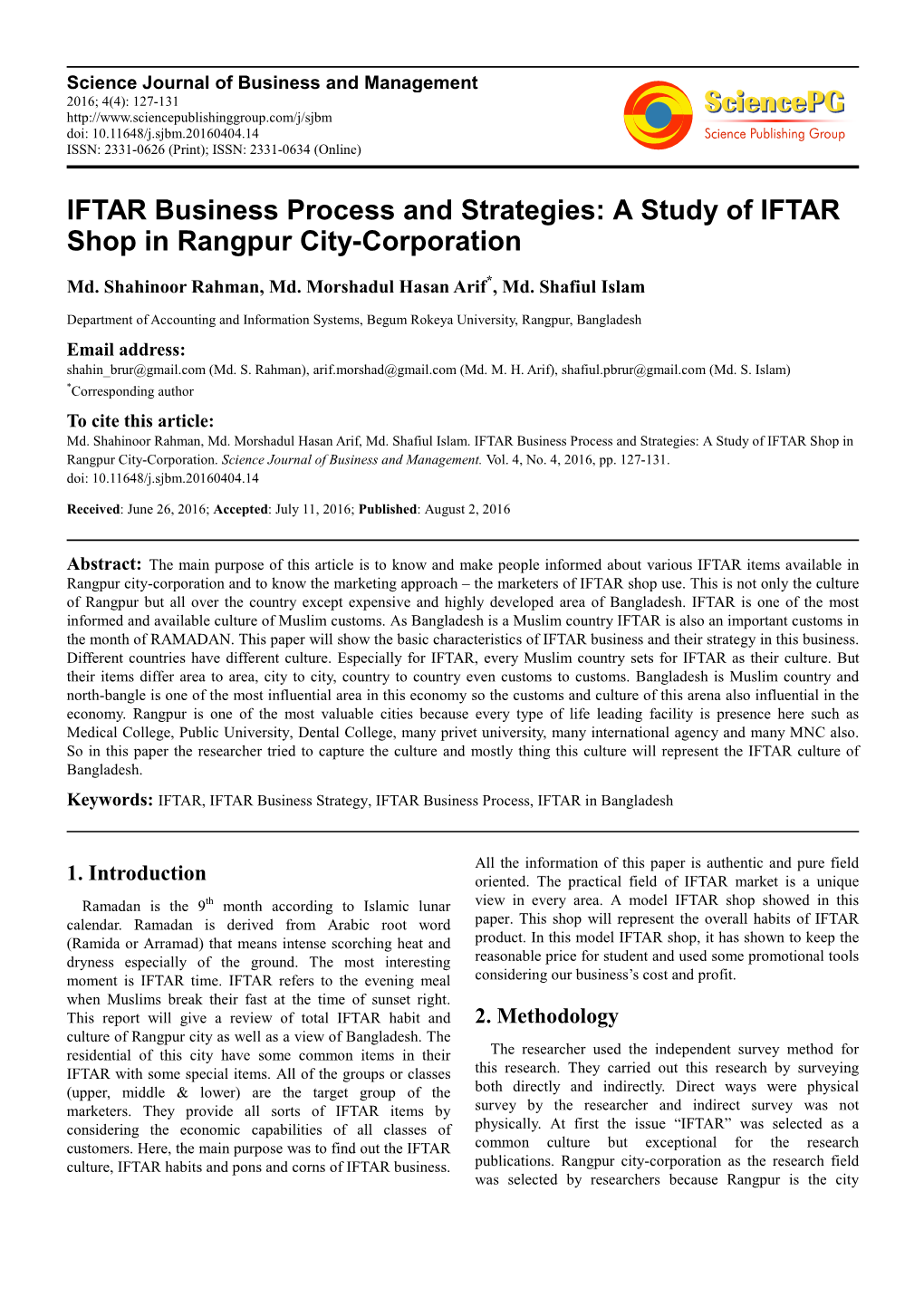 IFTAR Business Process and Strategies: a Study of IFTAR Shop in Rangpur City-Corporation