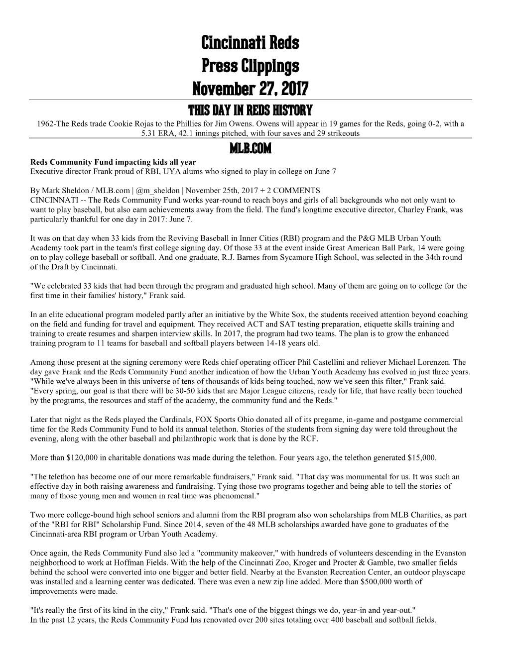 Cincinnati Reds Press Clippings November 27, 2017 THIS DAY in REDS HISTORY 1962-The Reds Trade Cookie Rojas to the Phillies for Jim Owens