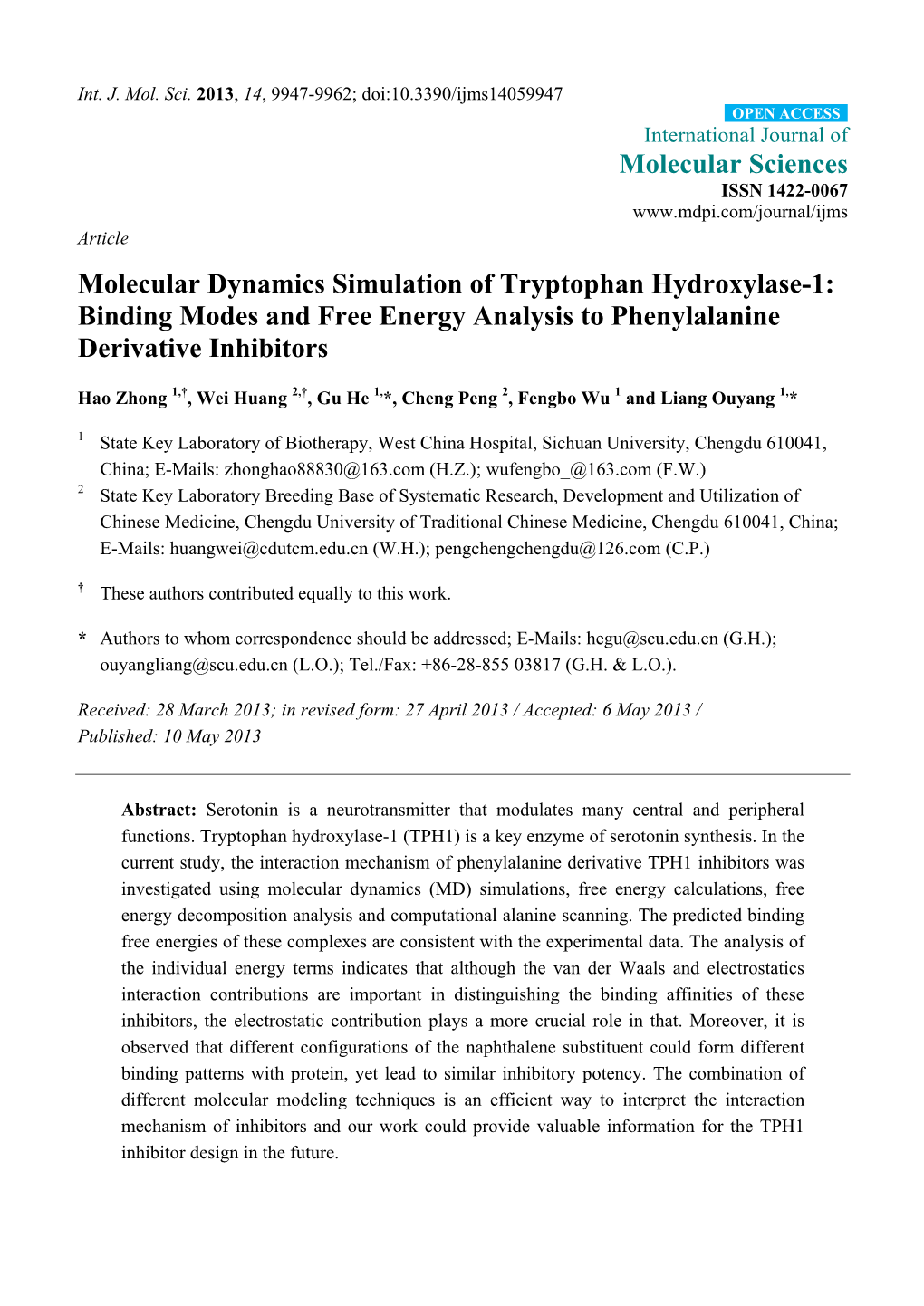 Molecular Dynamics Simulation of Tryptophan Hydroxylase-1: Binding Modes and Free Energy Analysis to Phenylalanine Derivative Inhibitors