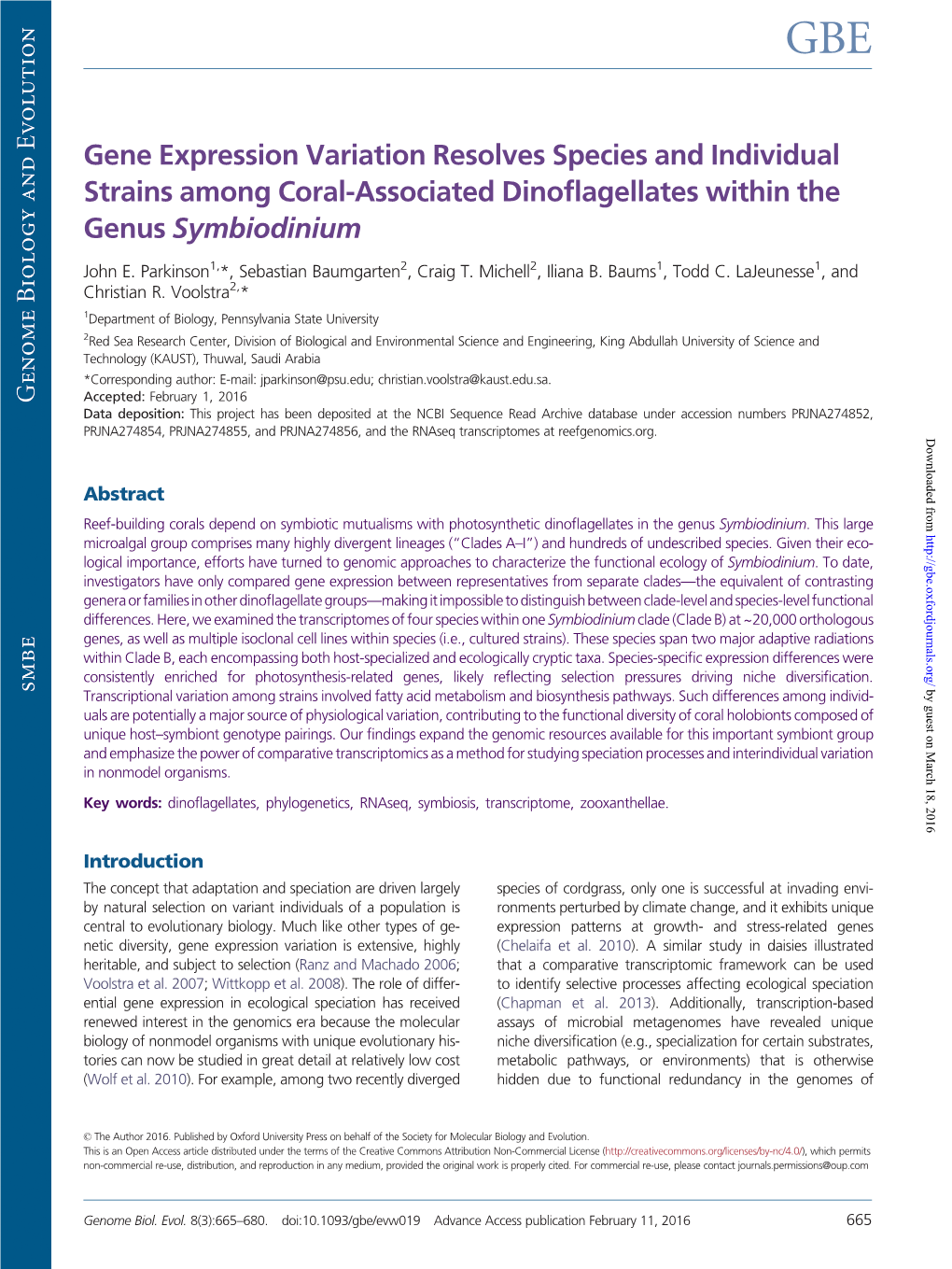 Gene Expression Variation Resolves Species and Individual Strains Among Coral-Associated Dinoflagellates Within the Genus Symbiodinium