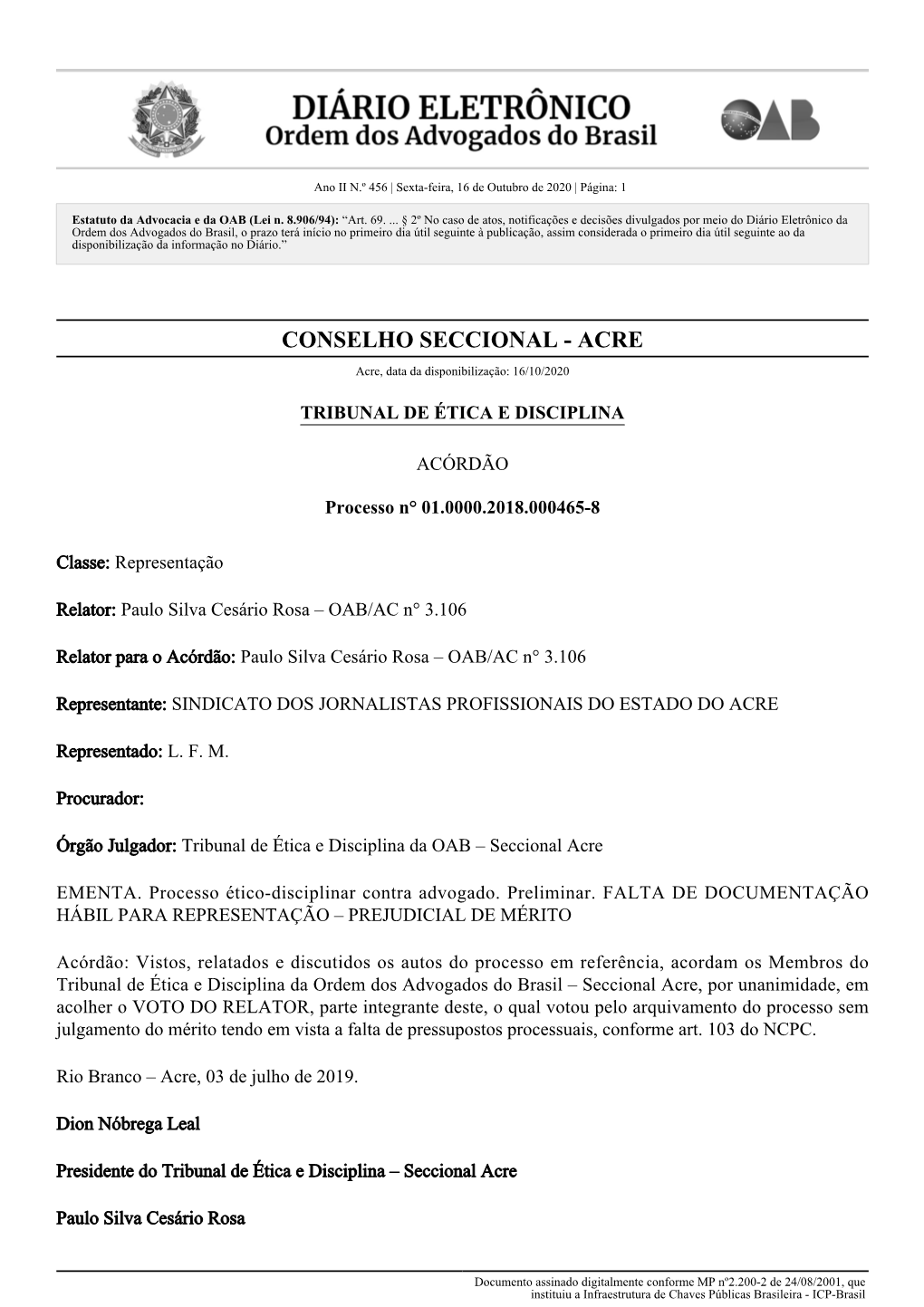 CONSELHO SECCIONAL - ACRE Acre, Data Da Disponibilização: 16/10/2020