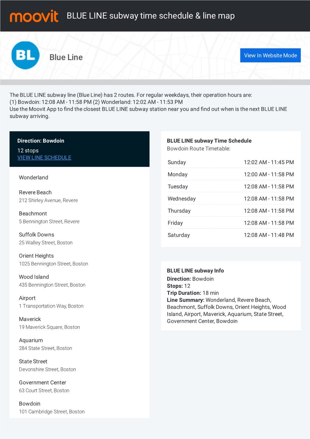 BLUE LINE Subway Time Schedule & Line Route